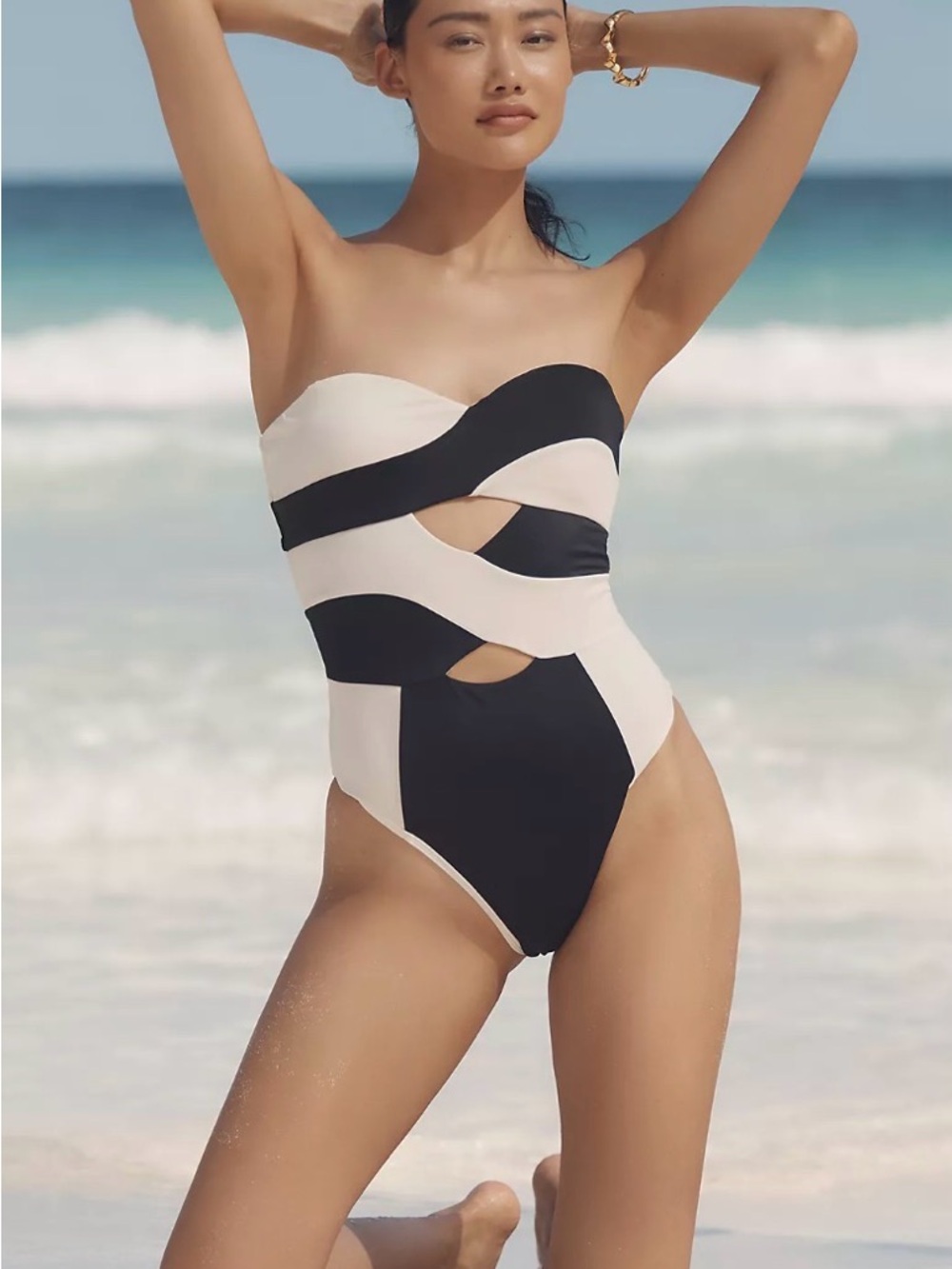 Strapless Cutout One-Piece Swimsuit in Black and White